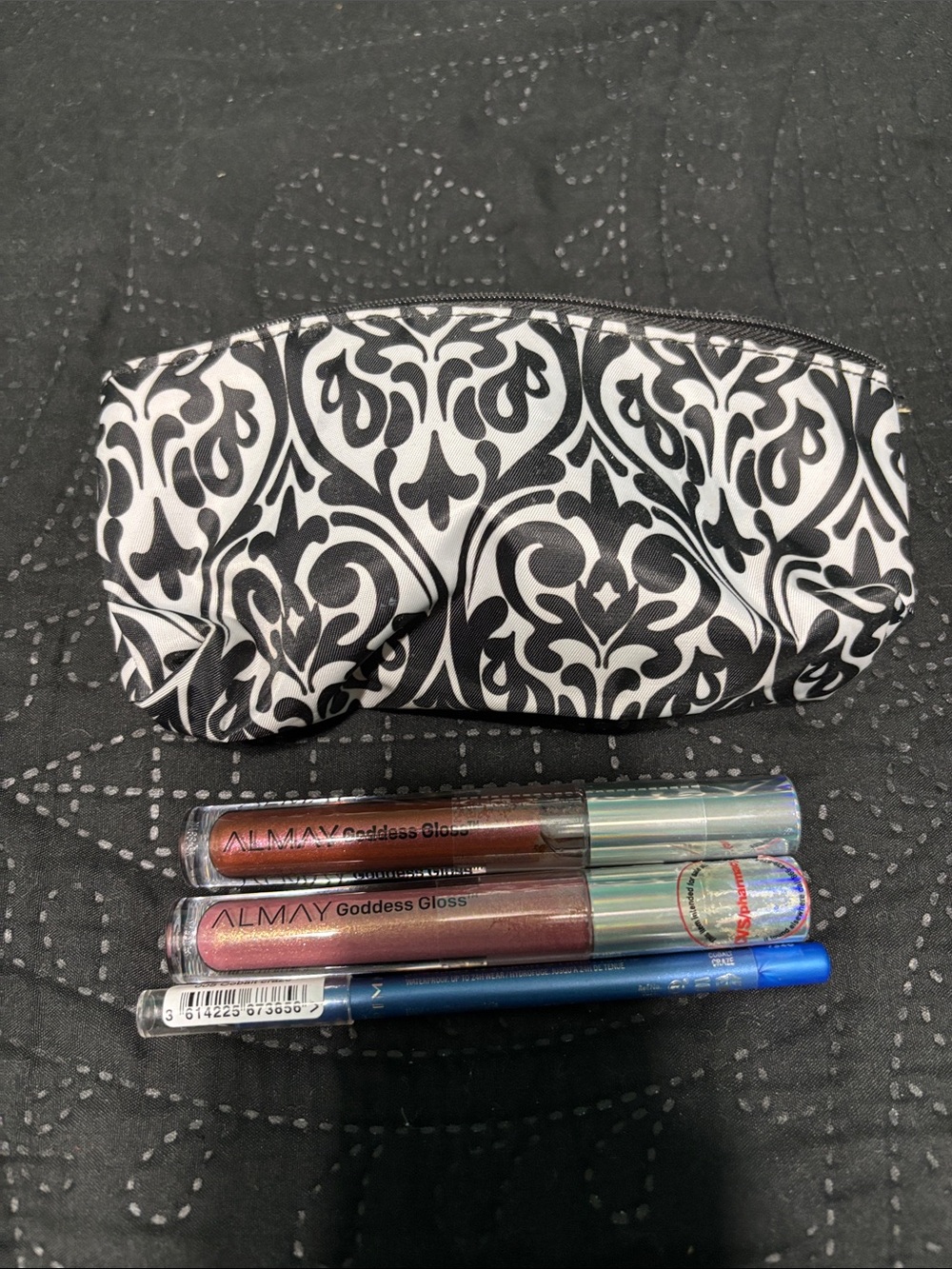 Almay Metallic Lip Gloss Duo with Rimmel Blue Eye Pencil and Patterned Pouch